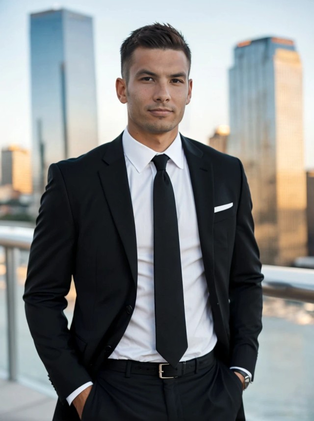 AI portrait photo of a confident young man wearing a black business suit, standing against a modern city background