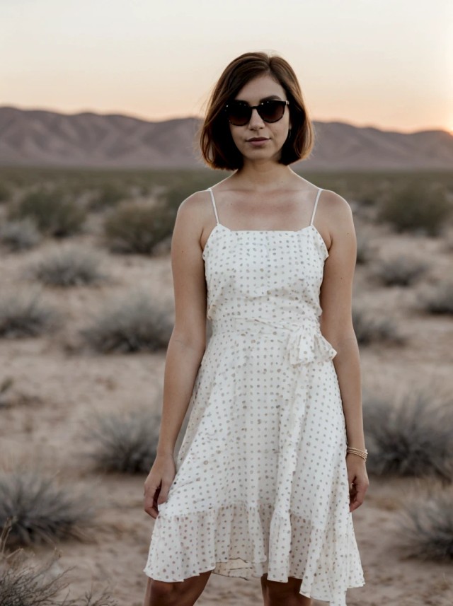 AI portrait photo of a slender woman with short hair wearing a white dotted dress and sunglasses, standing in a desert field