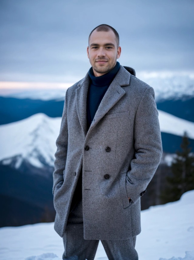 AI portrait photo of a man wearing a gray winter coat posing near snowy mountains