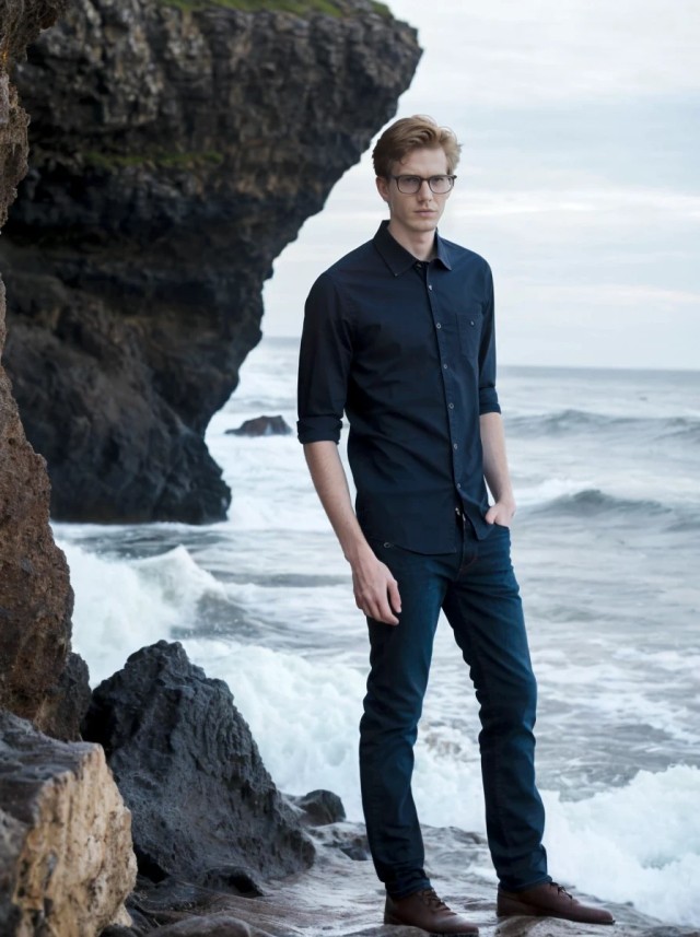 AI portrait photo of a tall slender young man wearing a blue shirt, pants, and glasses standing near a sea cliff