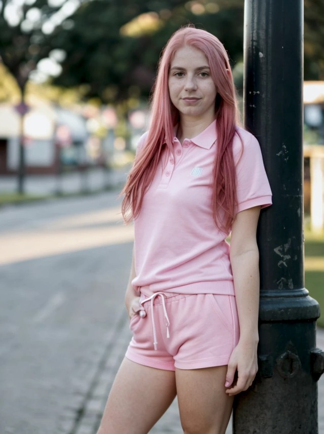 AI portrait photo of a trendy woman with pink pastel hair and outfit, posing against a street post