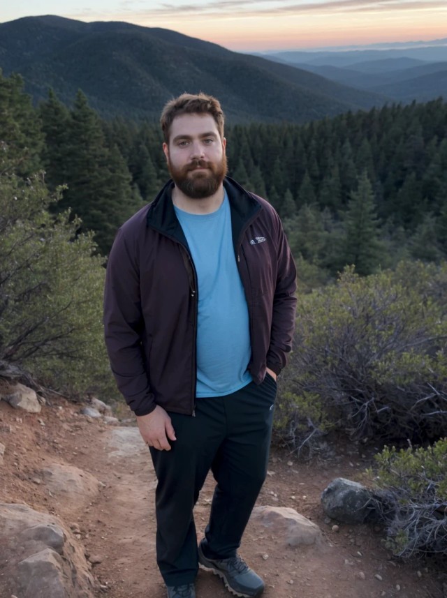 AI portrait photo of a bearded man wearing sporty casual outfit, posing on a forest trail at sunrise