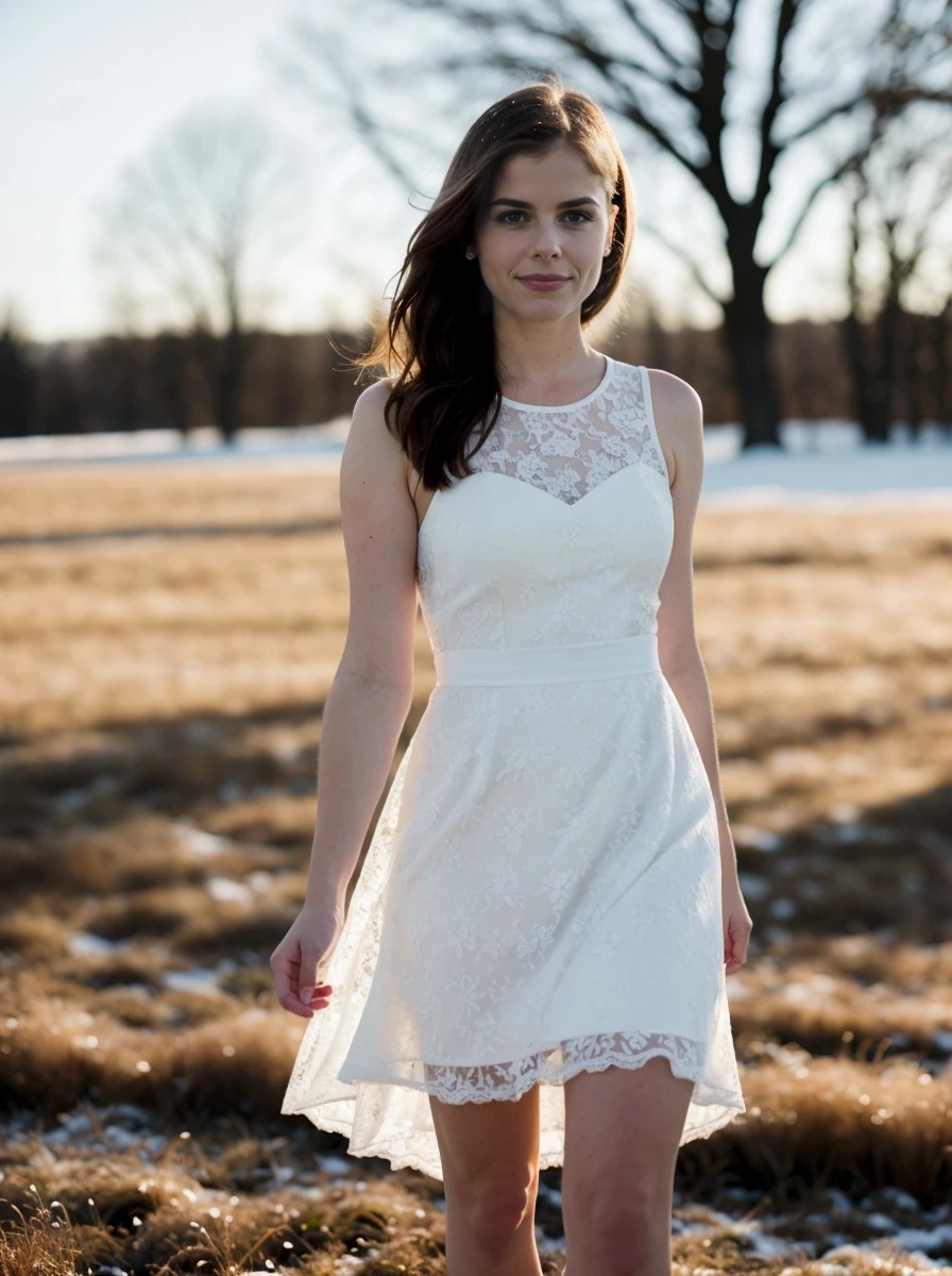 AI generated portrait photo of a woman wearing a white lace dress on a beautiful field